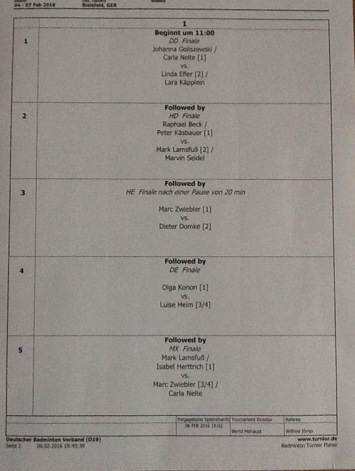 Badminton DM 2016 Finaltag Spielplan